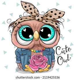 Cute Cartoon Owl in denim jacket with pink rose