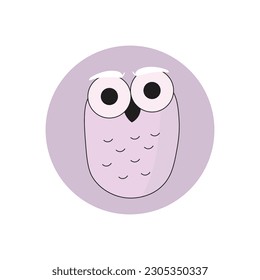 Cute cartoon owl in doodle style purple cartoon illustration. Isolated printable bird sticker.