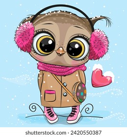 Cute Cartoon Owl in a ear muffs and Coat