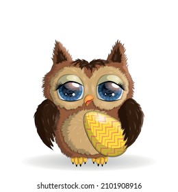 Cute cartoon owl with Easter egg, on a white background