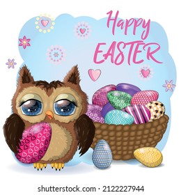 Cute cartoon owl with Easter eggs, basket, greeting card with text