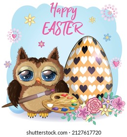 Cute cartoon owl with Easter eggs, basket, greeting card with text