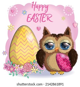 Cute cartoon owl with Easter eggs, basket, greeting card with text