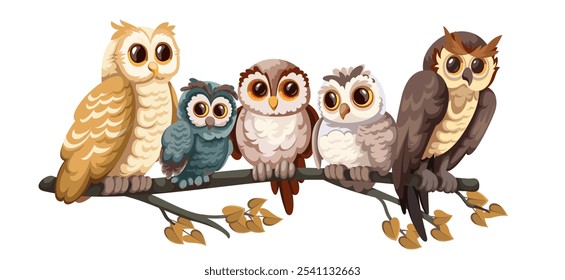 Linda familia de búhos de dibujos animados posándose. Divertidos diferentes búhos y búhos sentados en la rama del árbol de otoño juntos. Naturaleza, mascota animal, dibujos animados de pájaros de bosque marrón y gris viendo la Ilustración vectorial