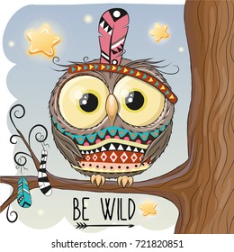 Cute Cartoon owl with feather on a branch