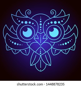 Cute Cartoon Owl With Feathers On Dark Background Vector Bird