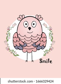 Caricatura de búho con motivos florales. Ilustración vectorial en estilo plano para el diseño infantil. 