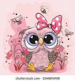 Cute Cartoon Owl with flowers and butterflies