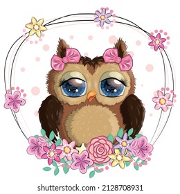 Cute Cartoon Owl with flowers and butterflies.