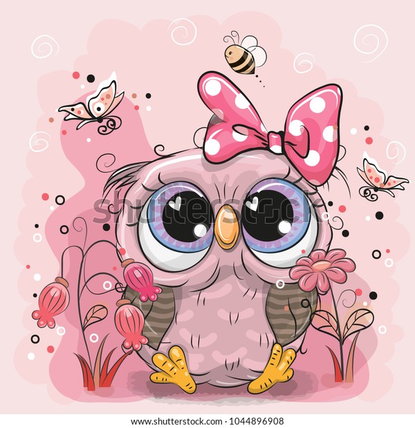 Cute Cartoon Owl Flowers Butterflies Stock Vector (Royalty Free) 1044896908