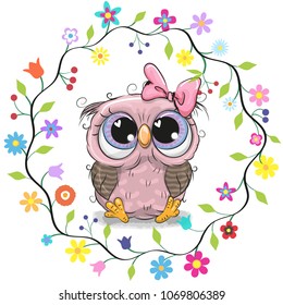 Cute Cartoon Owl in a flowers frame