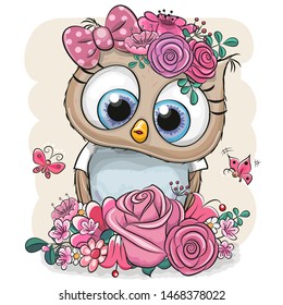 Cute Cartoon Owl with flowers on a white background