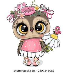 Cute Cartoon Owl with flowers on a white background