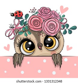 Cute Cartoon Owl with flowerson a white background