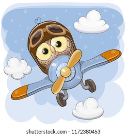 Cute Cartoon Owl is flying on a plane