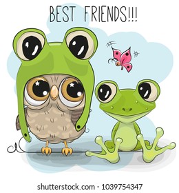 Cute Cartoon Owl in a frog hat and frog