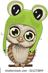 Cute cartoon owl in a frog hat on a white background
