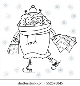 Cute cartoon owl. Funny owl in winter clothes with gift bag. Doodles art. Printing on T-shirts, banners, posters, cover. Coloring page book for adults and children.Winter shopping.