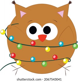 Cute cartoon Owl with garland. Draw illustration in color