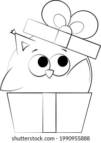 Cute cartoon Owl in gift box. Draw illustration in black and white