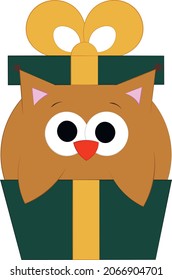 Cute cartoon Owl in gift box. Draw illustration in color
