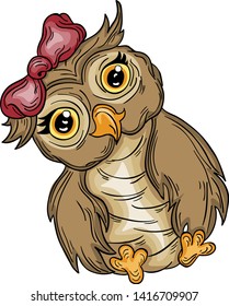 Cute Cartoon owl girl with a bow. Bird knowledge.  Hand drawn illustration for t-shirt print design, book, greeting card. Child character. Funny owlet. Owl decorated in bright colors.
