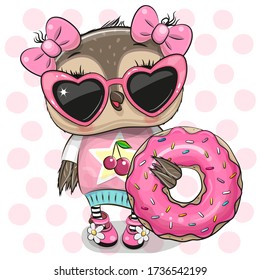 Cute Cartoon Owl girl with donut on the dots background