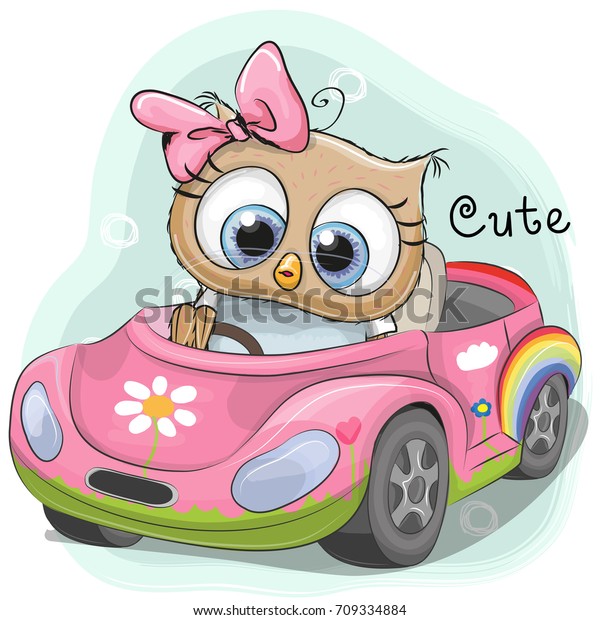 かわいいフクロウの女の子がピンクの車に乗る のベクター画像素材 ロイヤリティフリー