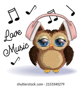 Cute cartoon Owl Girl with headphones and notes, love music