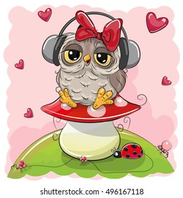Cute cartoon Owl Girl with headphones on the mushroom