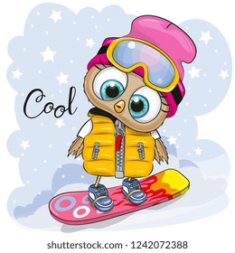 Cute cartoon Owl Girl on a snowboard on a blue background