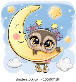 Cute Cartoon Owl Girl on the moon