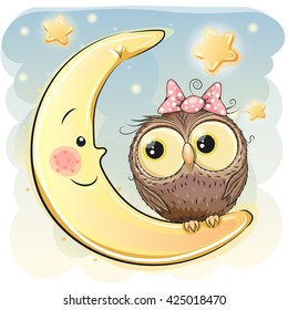 Cute Cartoon Owl girl on the moon