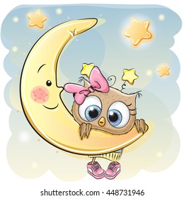 Cute Cartoon Owl Girl on the moon