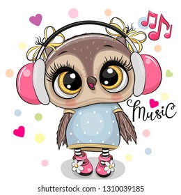 Cute cartoon Owl girl with pink headphones on a white background