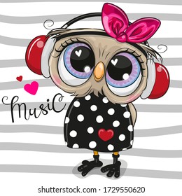 Cute cartoon Owl girl with pink headphones on a striped background