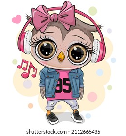 Cute cartoon Owl girl with pink headphones on a white background