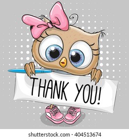 Cute cartoon owl Girl with plaque with inscription thanks
