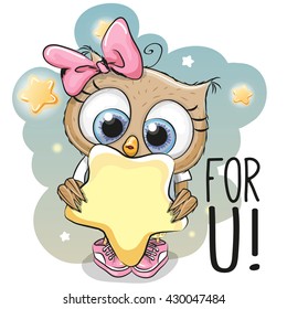 Cute Cartoon Owl girl with star on the stars background