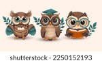 Cute cartoon owl in glasses and graduation cap set with a book, smart student kids vector collection, teacher student bird funny animal.