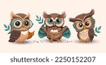 Cute cartoon owl in glasses set with a book, smart student kids vector collection, teacher student bird funny animal.