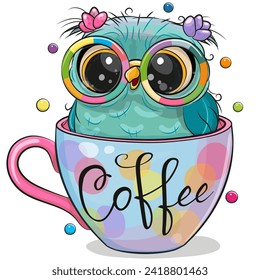 Cute Cartoon owl with glasses is sitting in a Cup of coffee