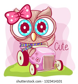 Cute Cartoon owl goes on a  car. Can be used for kids/babies shirt design, fashion print design,t-shirt, kids wear,textile design,celebration card/ greeting card, invitation card - Vector