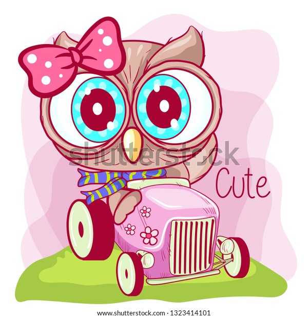 Cute Cartoon owl goes on a  car. Can be used for\
kids/babies shirt design, fashion print design,t-shirt, kids\
wear,textile design,celebration card/ greeting card, invitation\
card - Vector