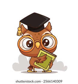 A cute cartoon owl graduate cheerfully holding a stack of colorful books, ideal for educational themes