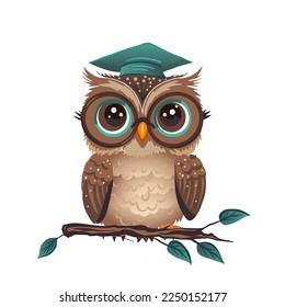 Cute cartoon owl graduation cap vector funny animal. Vector illustration. Smart wise character in glasses, kids print bird card