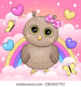 A cute cartoon owl with a hair bow stands on a cloud. Animal vector illustration on a pink background with clouds, rainbow, hearts and butterflies.