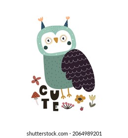 Cute. Cartoon owl, hand drawing lettering, decor elements. Forest. colorful vector illustration for kids, flat style. baby design for cards, print, posters, logo, cover