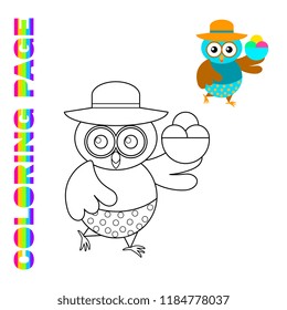 Cute cartoon owl in hat with ice-cream in wing. Coloring page for kids