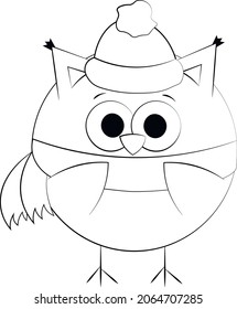 Cute cartoon Owl in hat and scarf. Draw illustration in black and white